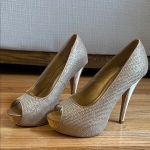 Chinese Laundry Shimmering Gold Platform Peep-Toe Heels